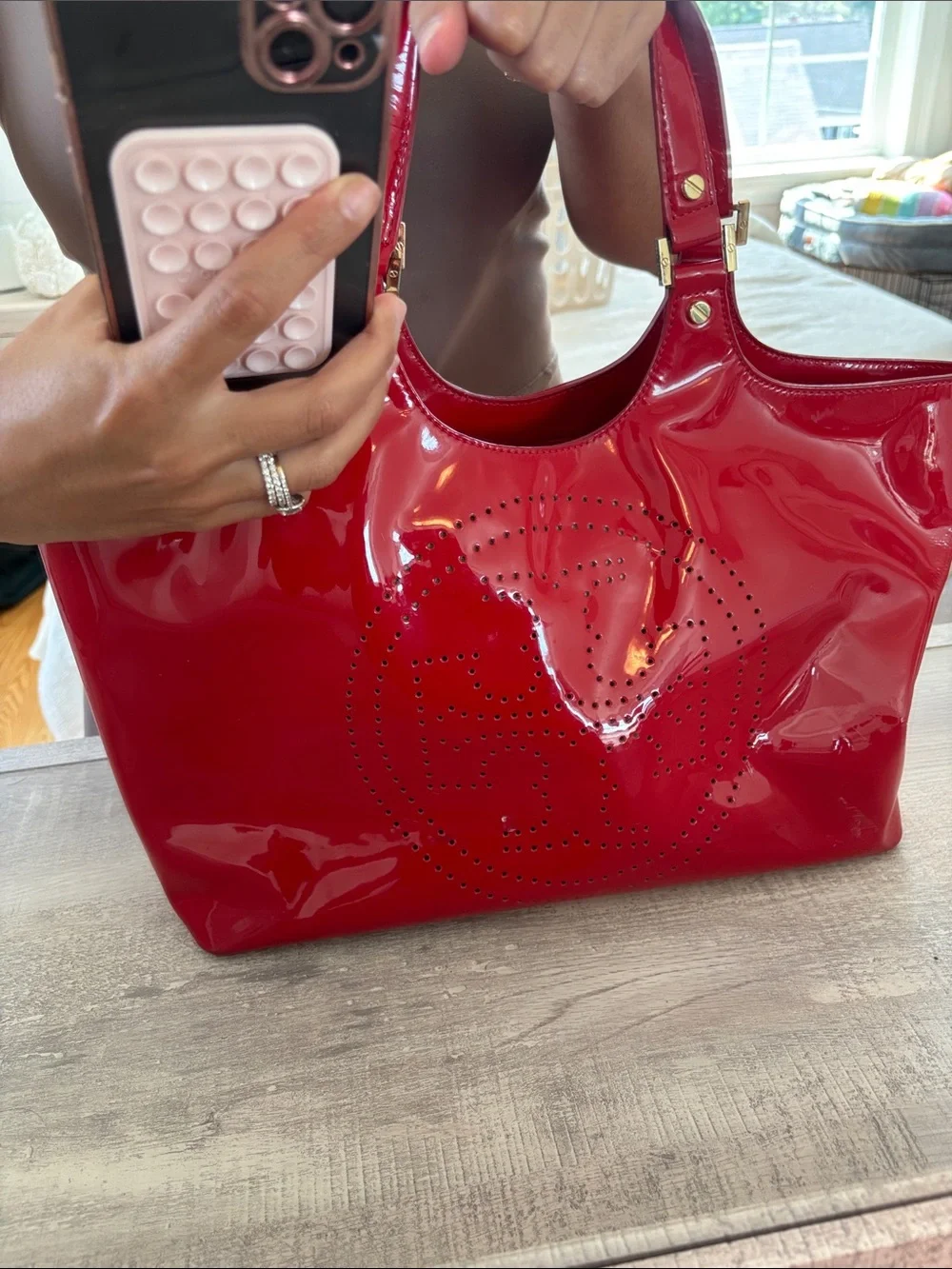 Tory Burch Red Patent Perforated Logo Tote